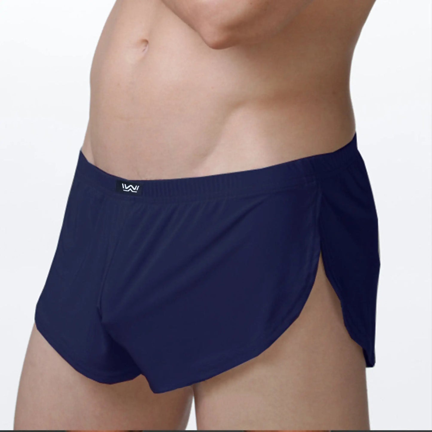 Navy blue metro male wear lounge split boxer athletic briefs with sleek form fitting design and side slits