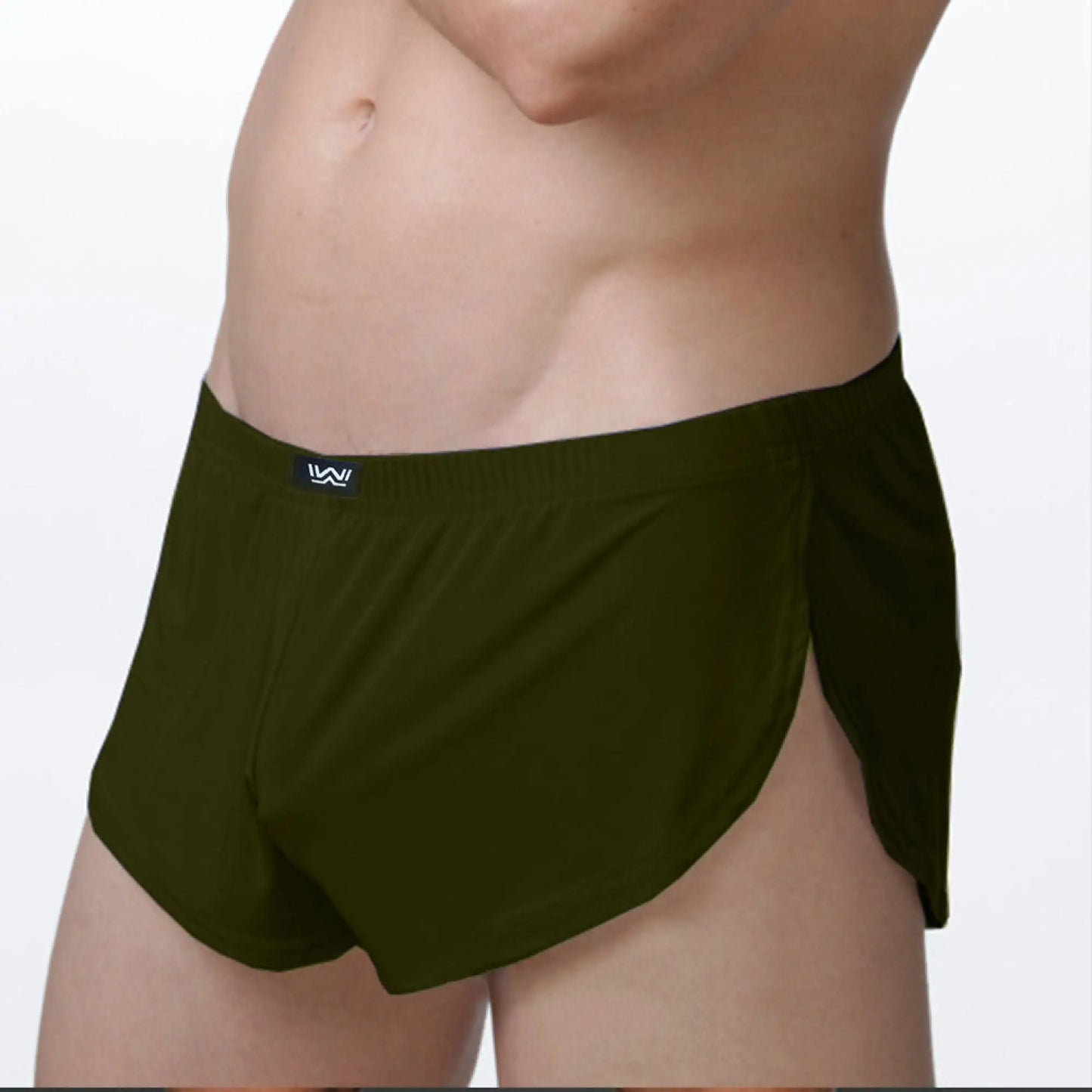 Dark olive green form-fitting MetroMaleWear lounge split boxer briefs with a small black logo on the waistband