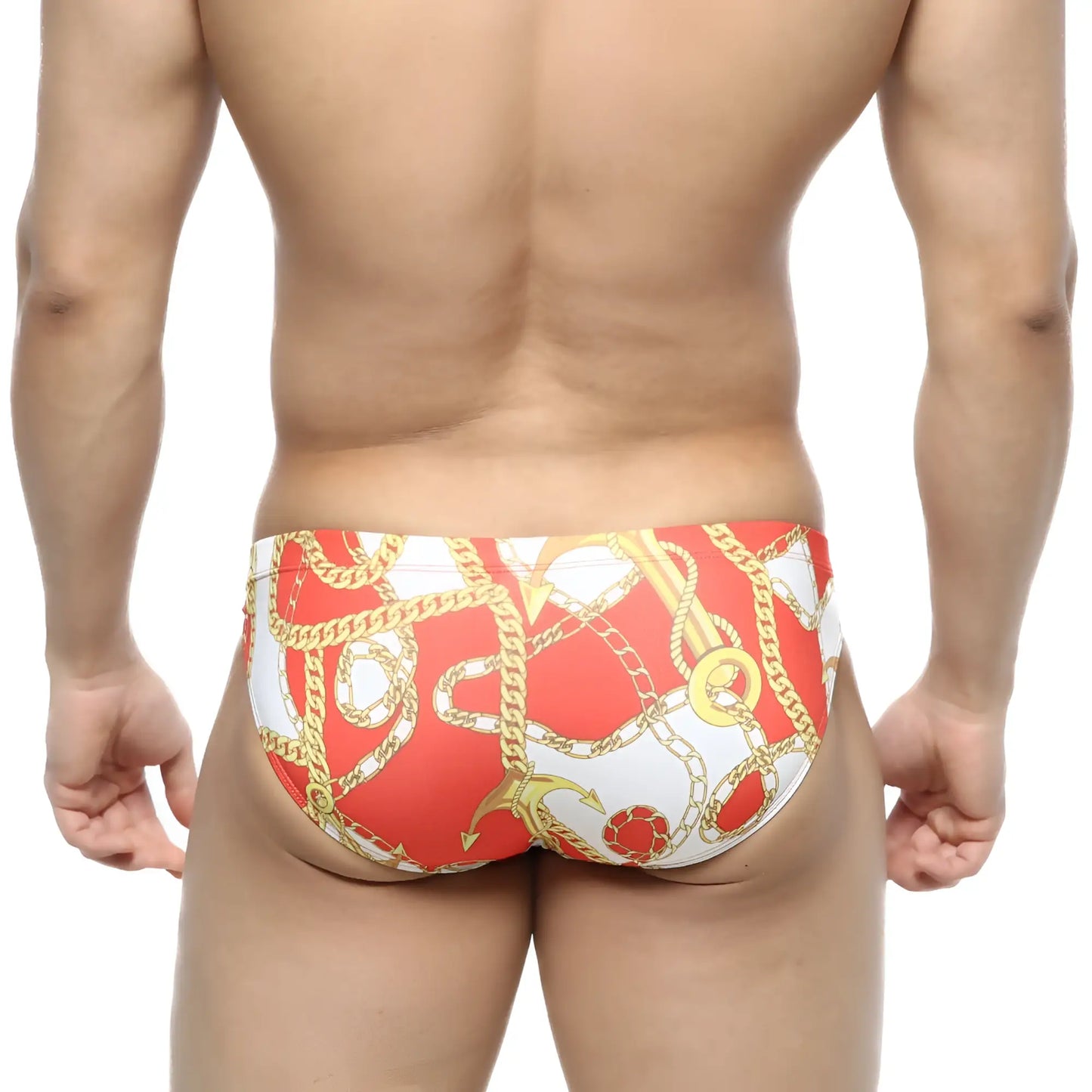 MetroMaleWear Lujo bikini red swim trunks with bold gold chain and anchor pattern for stylish beachwear