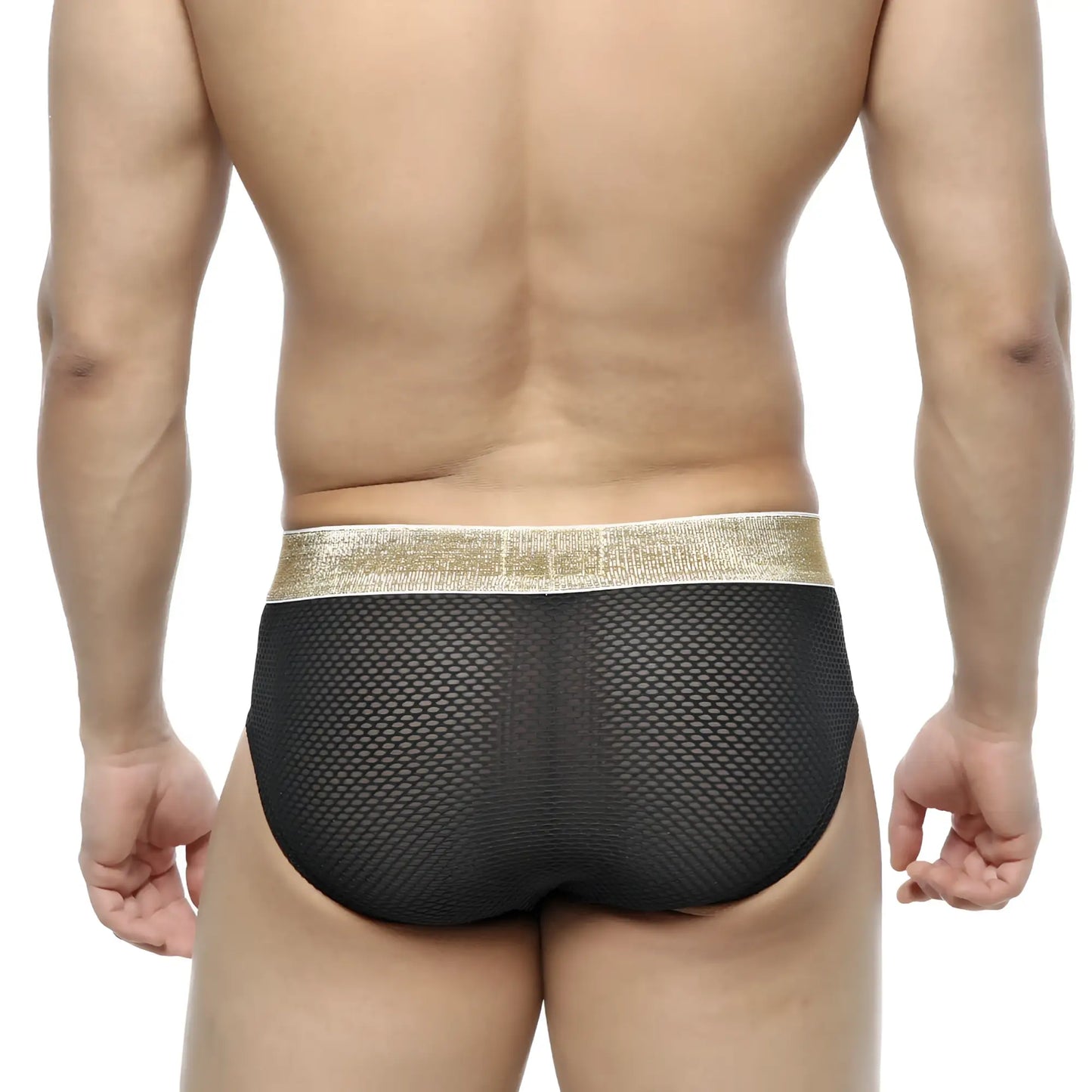 MetroMaleWear luxury hip brief black mesh with a shimmering gold waistband for stylish and comfortable wear