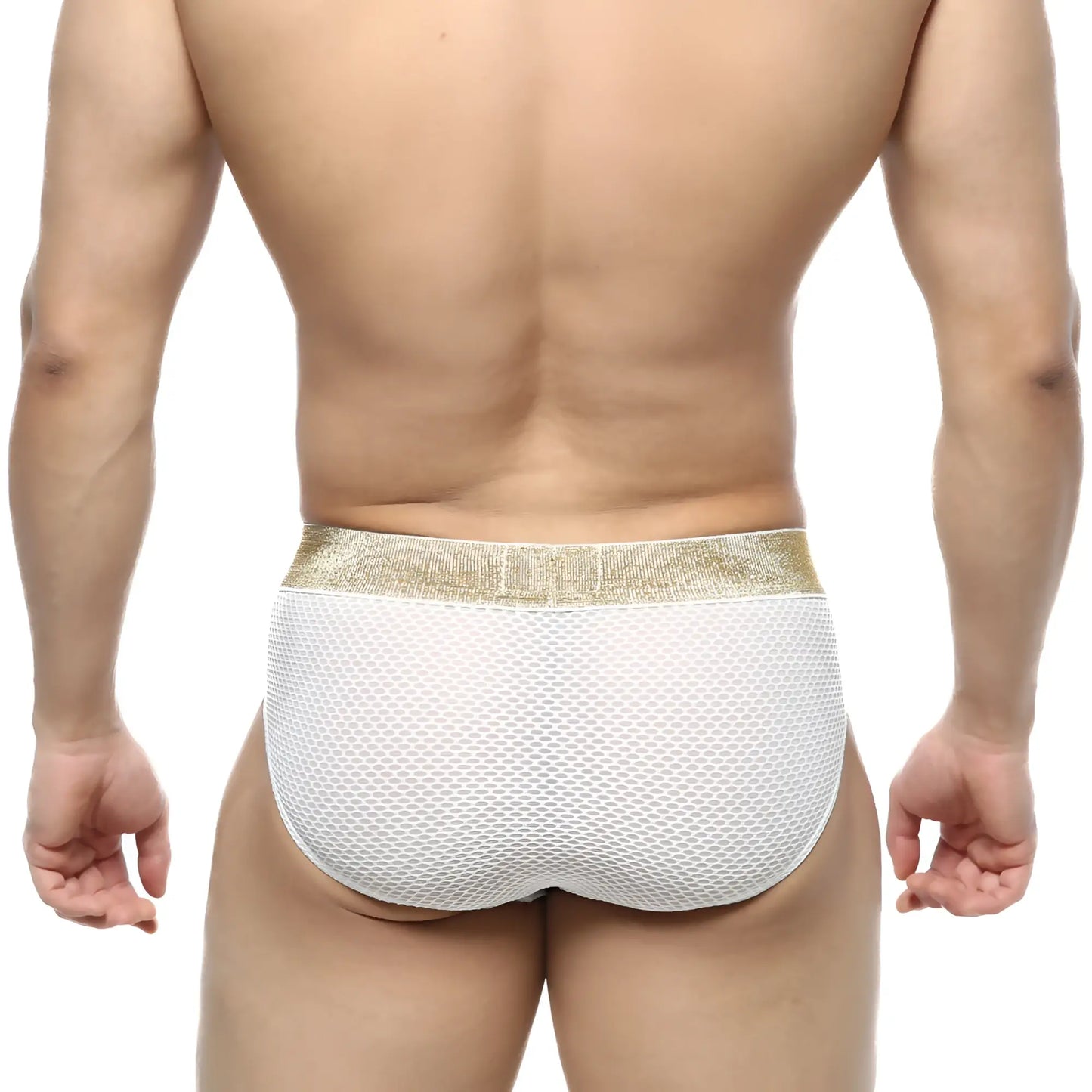 MetroMaleWear luxury hip brief white mesh with shimmering gold waistband highlighting comfort and style