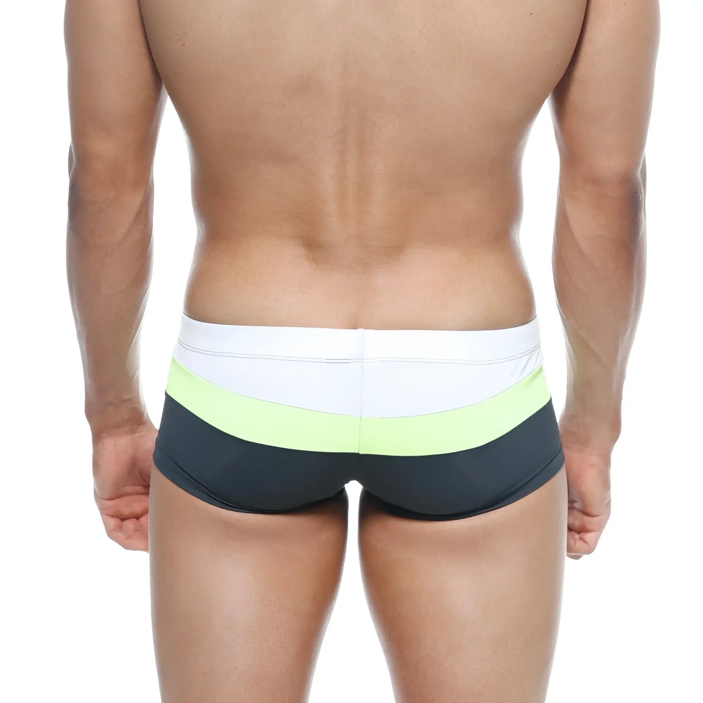 MetroMaleWear lycos men’s swim trunks with white waistband lime green and black horizontal stripes for swimming