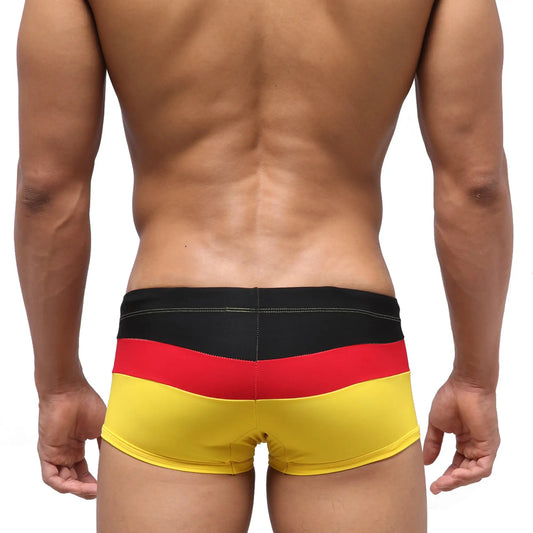 MetroMaleWear Lycos swim trunk in German flag colors black red and yellow striped design for men