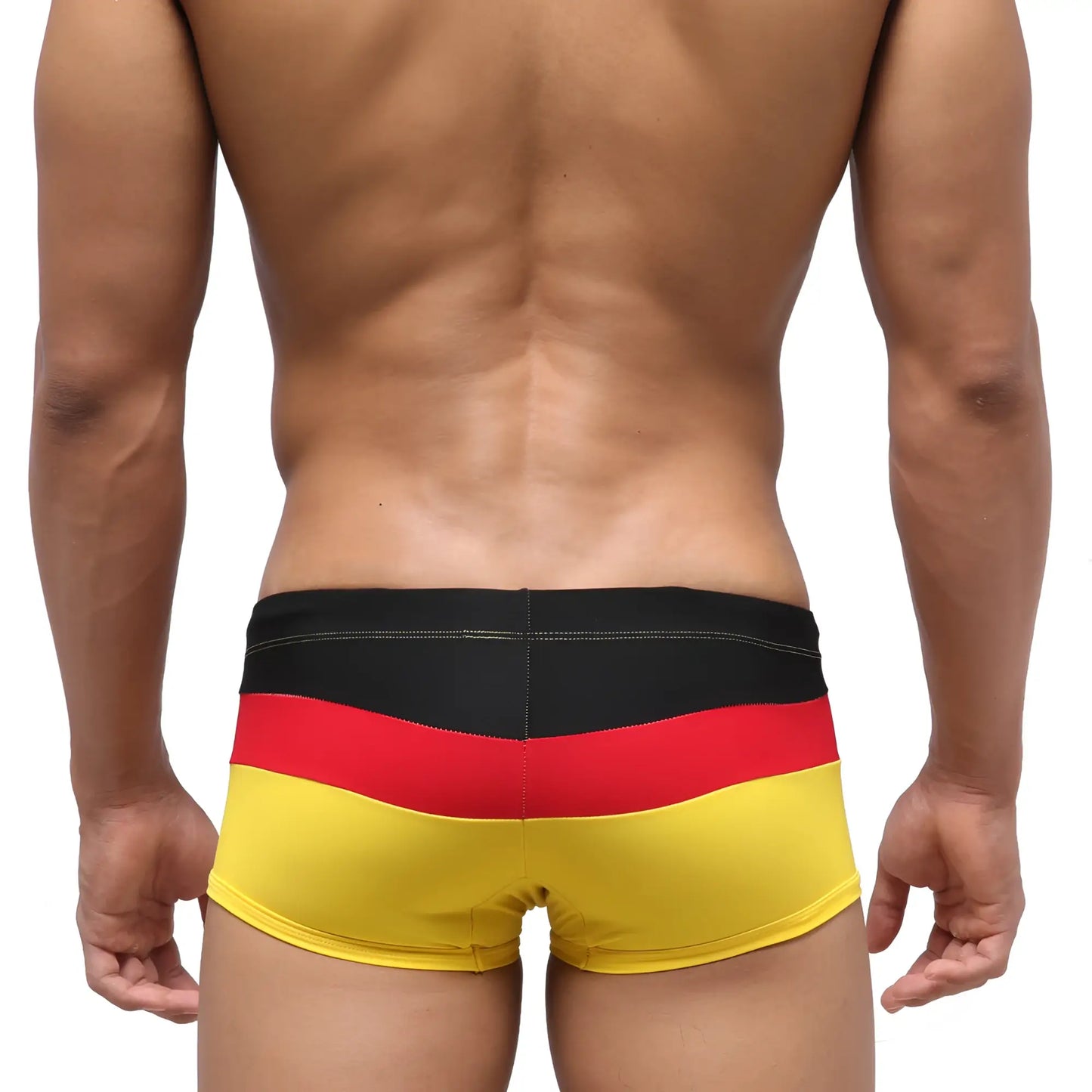MetroMaleWear Lycos swim trunk in German flag colors black red and yellow striped design for men