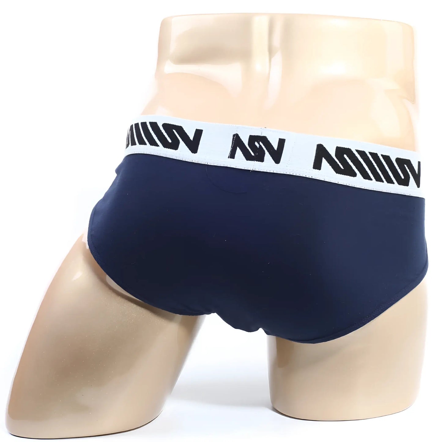 Navy blue MetroMaleWear M25 hip briefs with white elastic waistband and black asv branding for comfortable wear