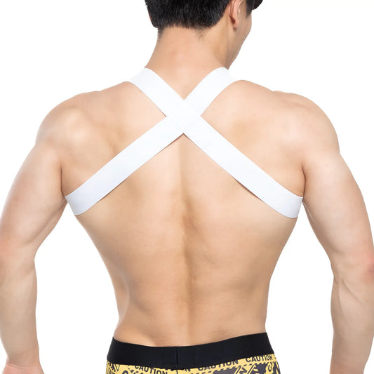 White cross-back athletic support strap worn over the shoulders showing the back side of metromalewear danger harness 1400-63