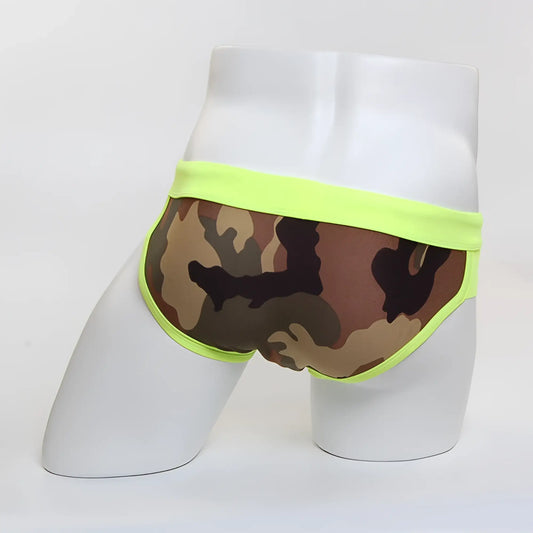 MetroMaleWear green camo split swim brief 4923-82 with neon green trim on camouflage men’s swim briefs