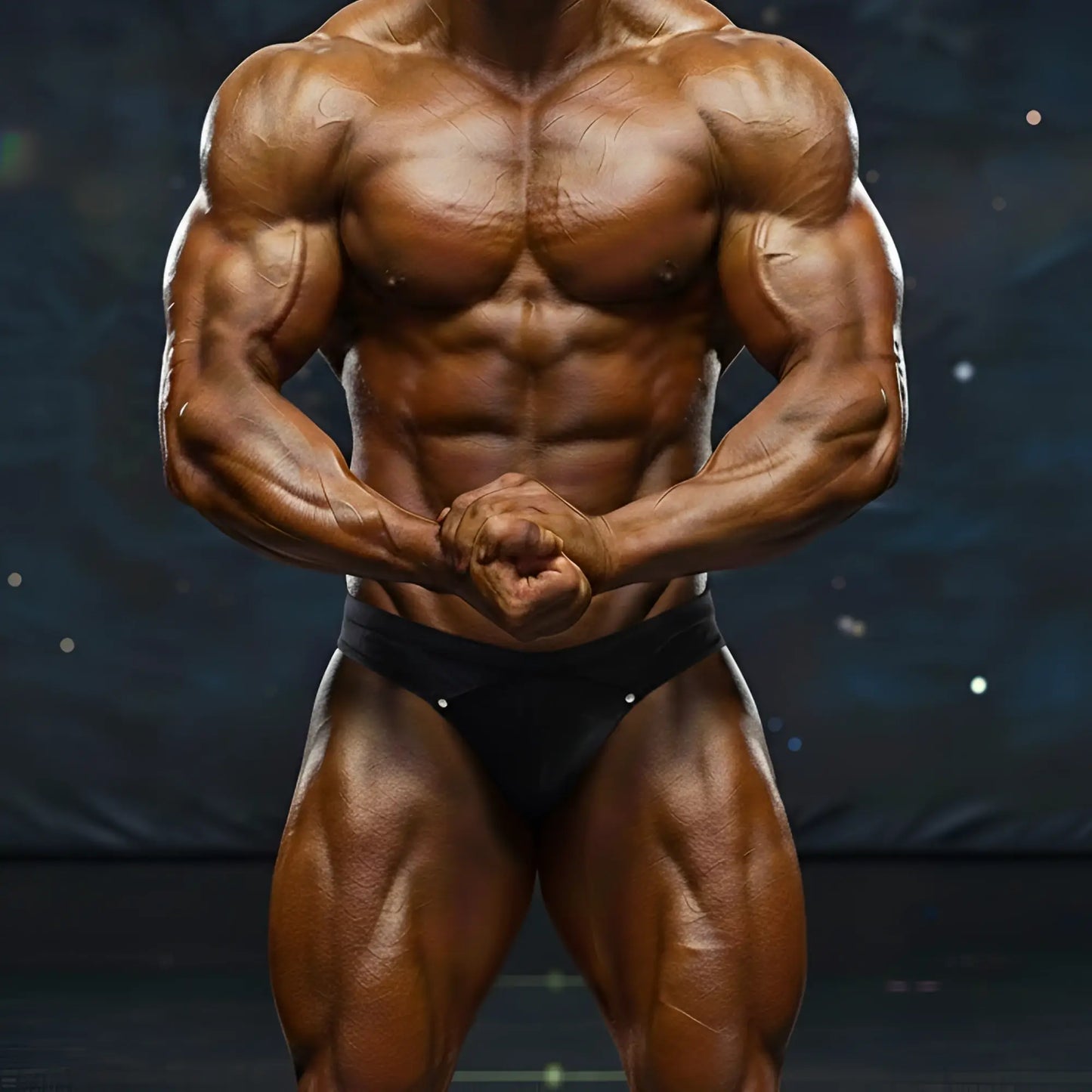 A muscular male bodybuilder wearing black glossy metroMalewear metroMusclewear Adam competition suit 4974-68 briefs