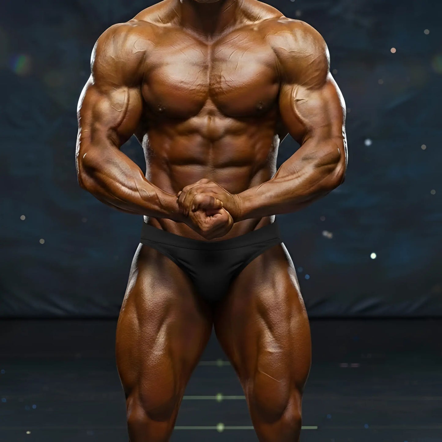 A muscular male bodybuilder wearing metroMalewear metroMusclewear basic black competition suit with a defined tanned physique