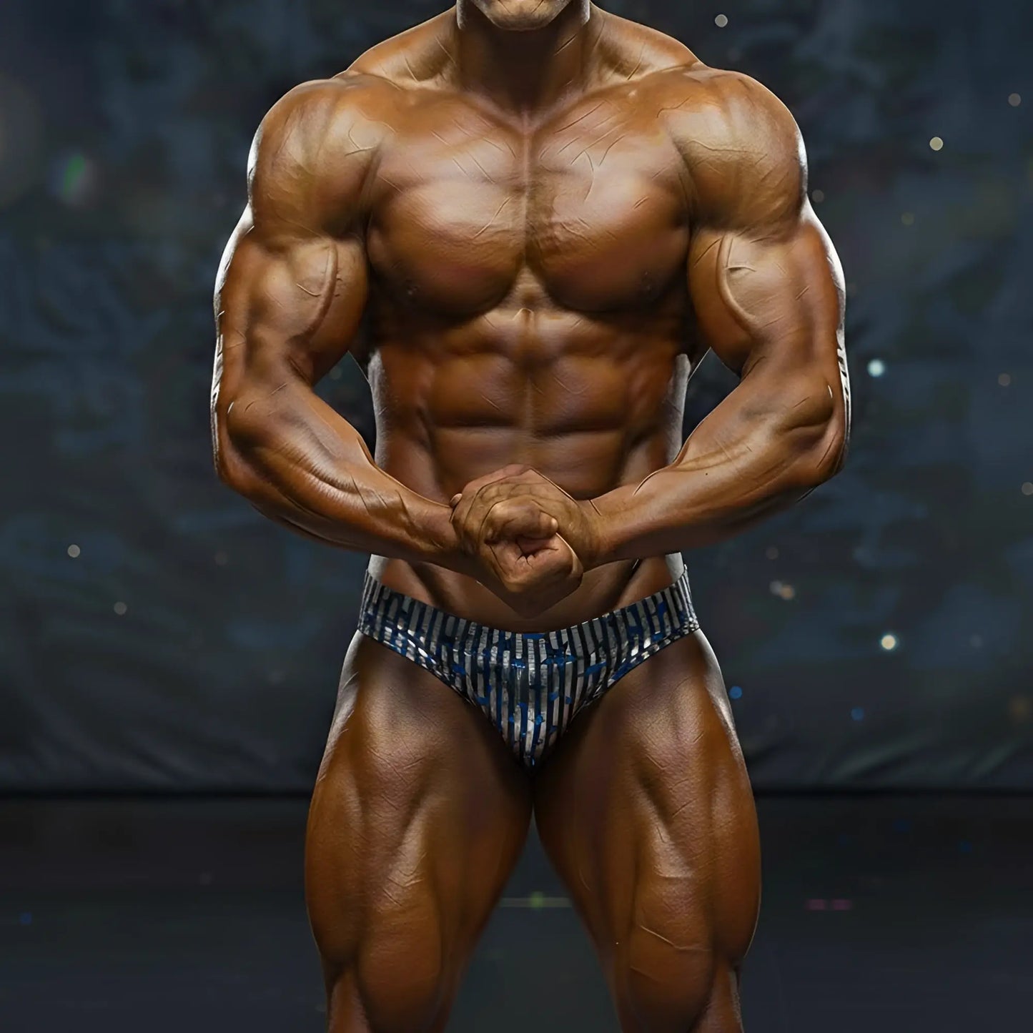 A muscular male bodybuilder wearing metro musclewear basic competition suit black stripe briefs in blue and white stripes