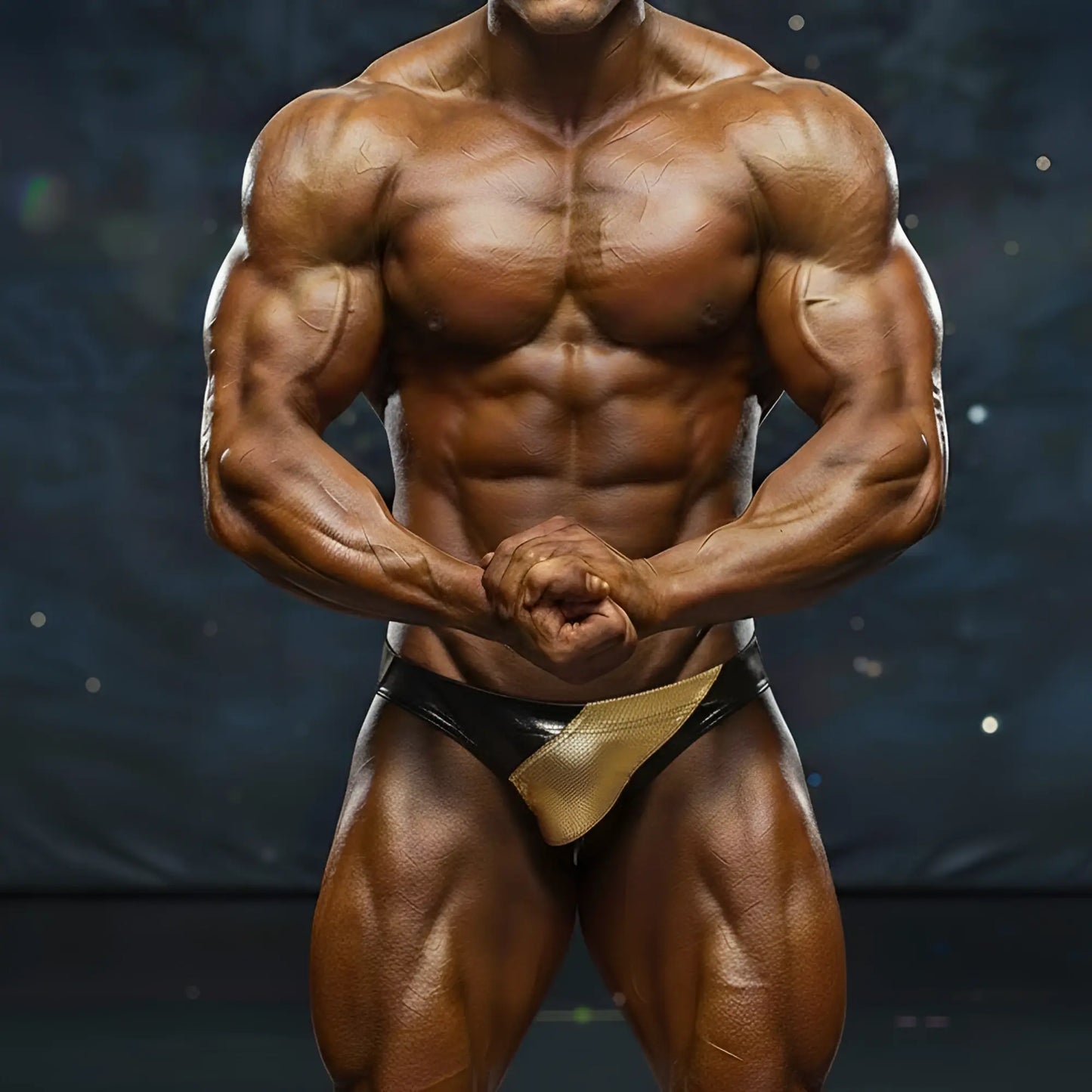 A muscular man wearing black and gold MetroMaleWear MetroMuscleWear competition briefs for bodybuilding contests