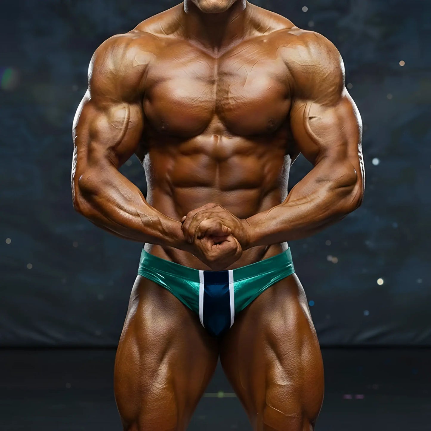 Teal and white striped competitive bodybuilding briefs from MetroMaleWear MetroMuscleWear for competition use
