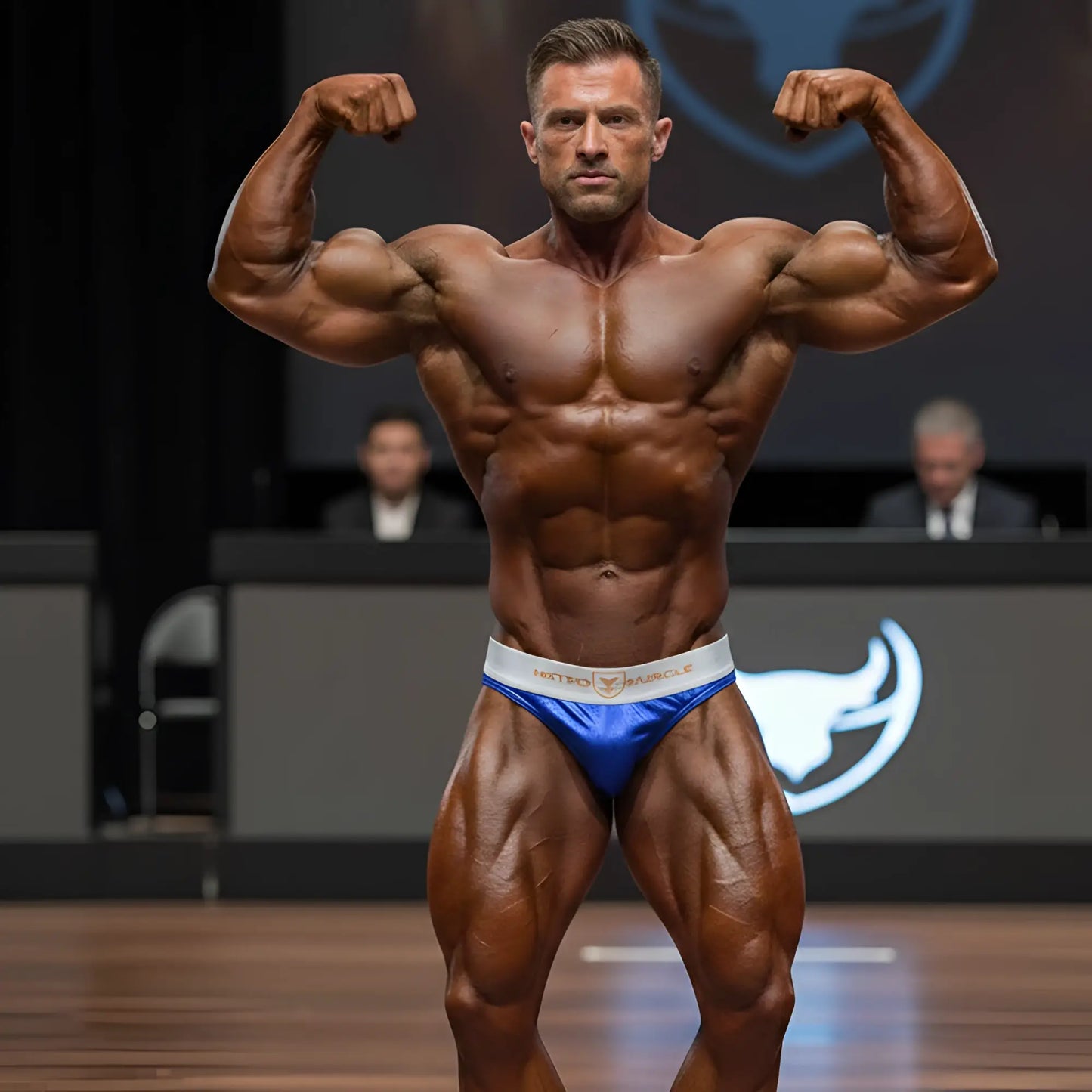 Blue and white metro muscle branded mens bodybuilding competition briefs for performance and style