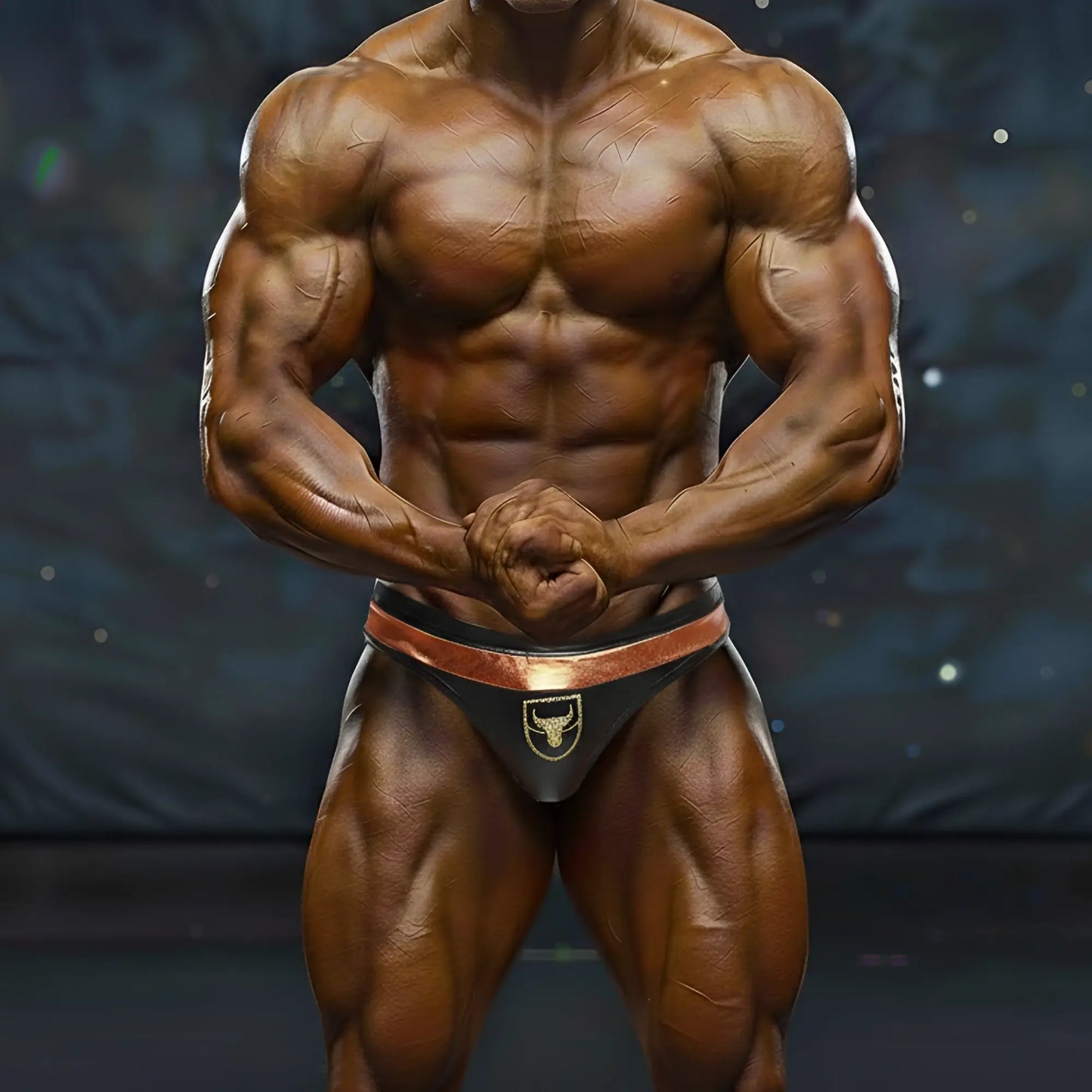 Black and copper-trimmed MetroMaleWear Hudson bodybuilding briefs with a gold bull emblem for competition use