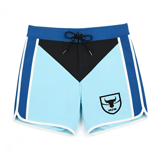 Metro malewear metro musclewear ifbb pro mens physique board short in light blue and navy with black panel and bull logo