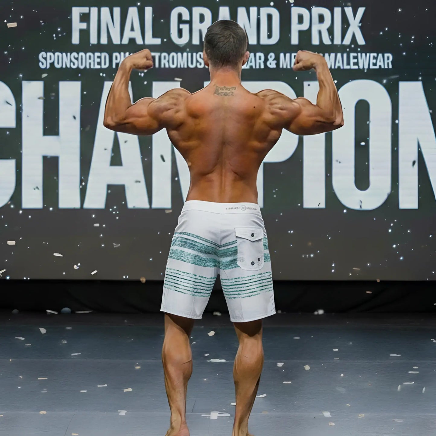 White board shorts with teal horizontal stripes and a back pocket from the MetroMaleWear Innocent Physique collection.