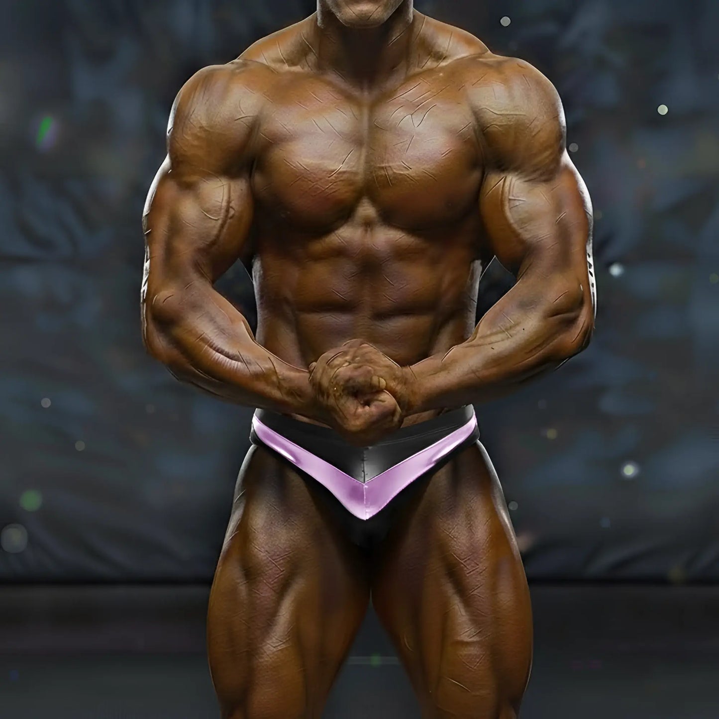 A muscular bodybuilder wearing black and purple MetroMaleWear MetroMuscleWear Mark competition briefs pink 4974-91