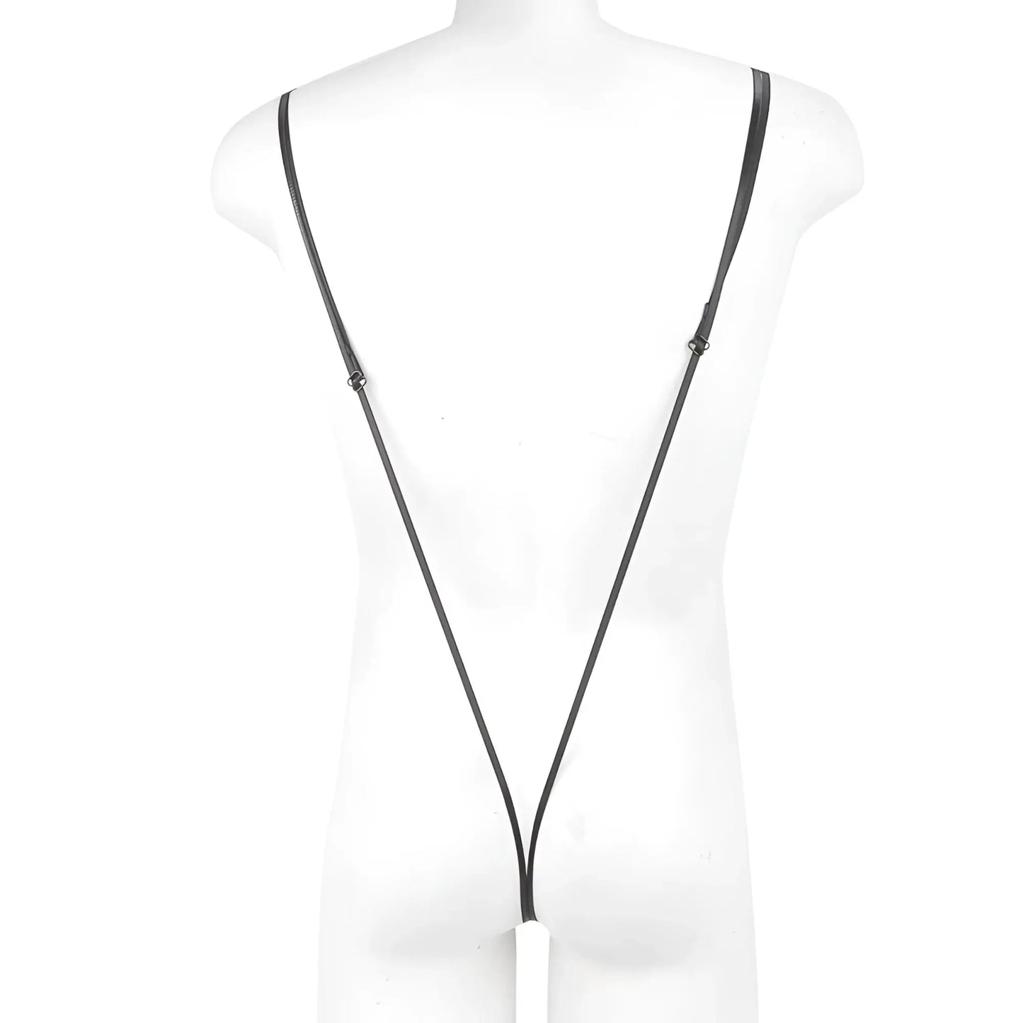 Black leather strap with adjustable metal clasps and white cylindrical attachment on metro malewear miami bodysuit black