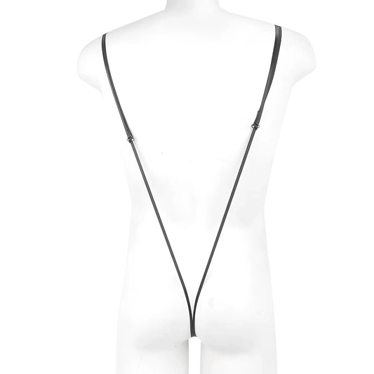 Black leather strap with adjustable metal clasps and white cylindrical attachment on metro malewear miami bodysuit black