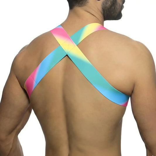 Vibrant rainbow-colored crossback sports bra with smooth stretchy fabric from metromalewear pastel harness 1400-50