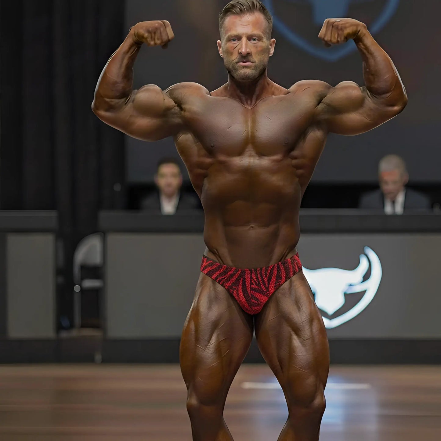 Red and black zebra-patterned competition briefs by MetroMaleWear designed for posingwear use