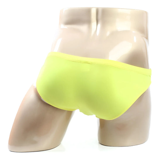 Metro malewear puente bikini oro 3603-15 bright neon yellow briefs on mannequin showcasing front design