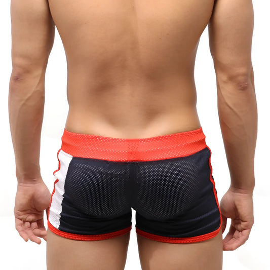 Black and red metroMalewear punch navy 4709-28 mesh athletic shorts with white side stripes and orange waistband