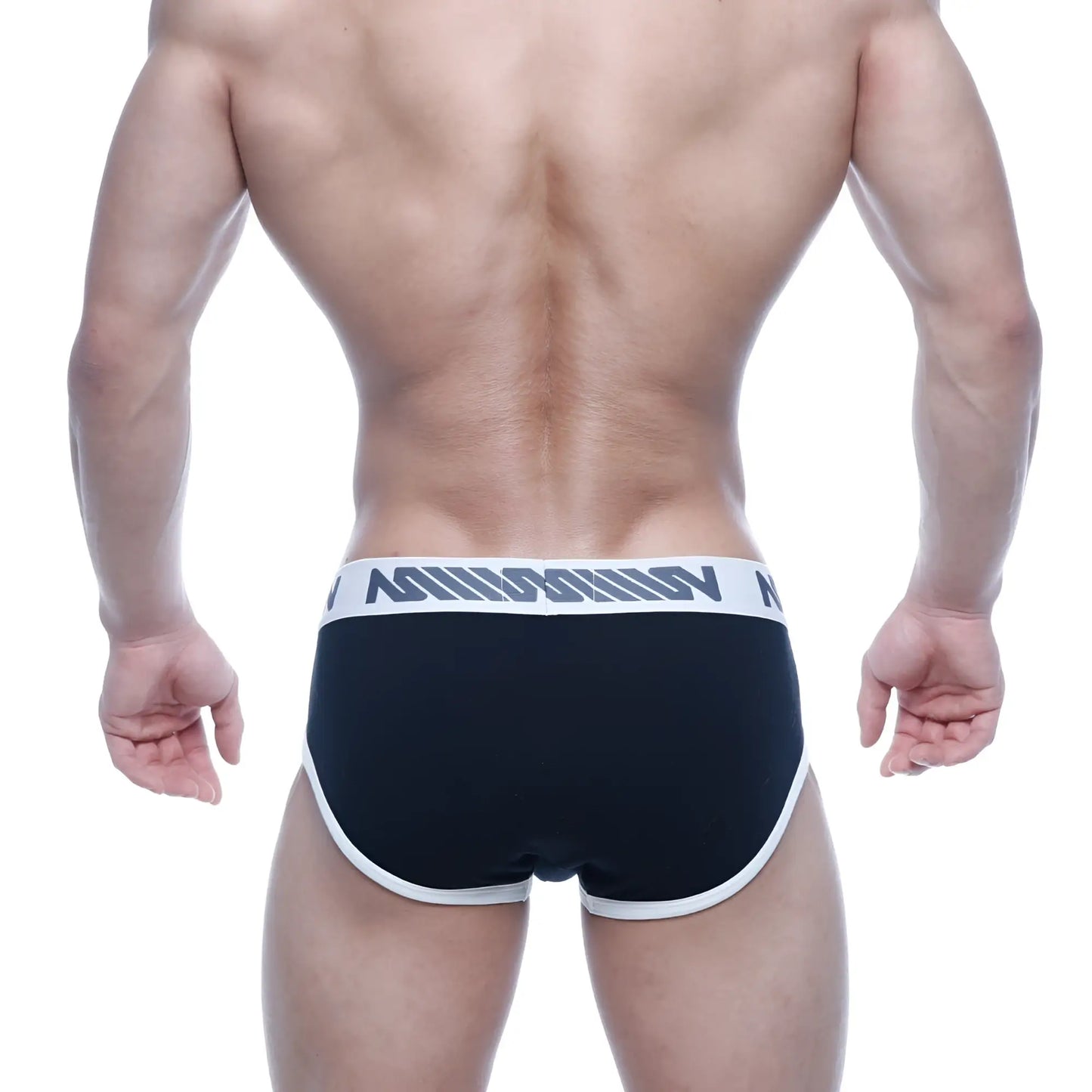 MetroMaleWear Punto hip brief black with white trim and gray logo band comfortable men’s underwear