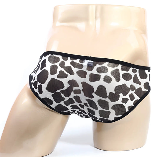 MetroMalewear puppy bikini 6105-70 black and white leopard-print mesh briefs with black trim front view