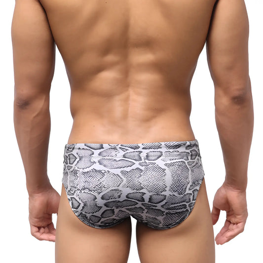 MetroMaleWear python swim brief grey with gray and black snake-scale pattern designed for swimming and beachwear