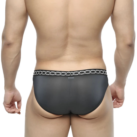 MetroMaleWear Rhapsody bikini black mesh briefs with silver chain-link waistband trim for stylish menswear