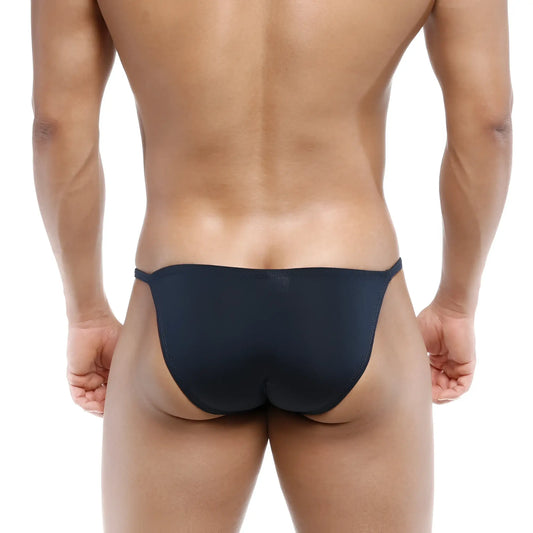 Black form-fitting thong made of smooth stretchy fabric from MetroMaleWear romantic bikini navy 6008-28 back view