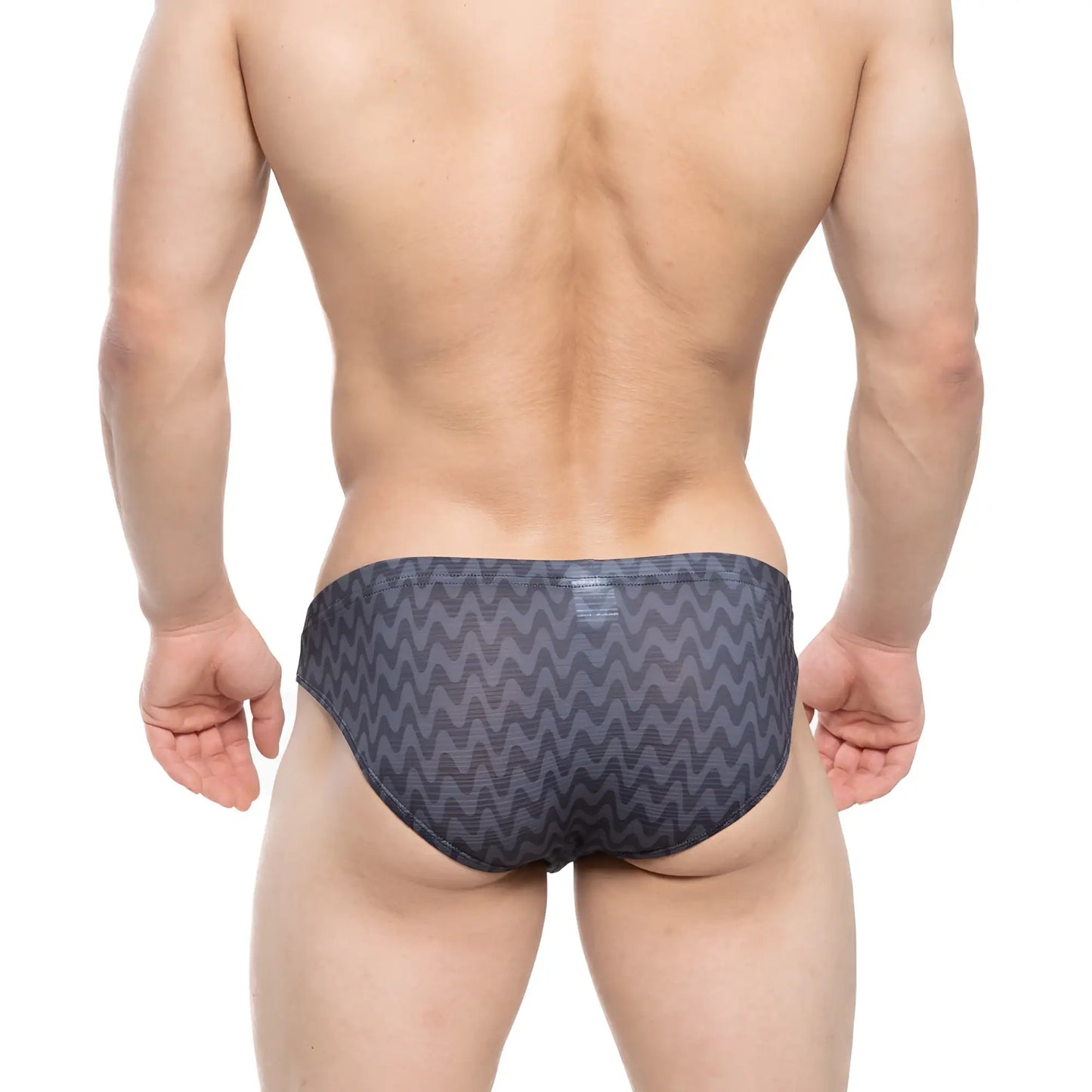 Dark gray swim trunks by metromalewear with a bold zigzag pattern suitable for beach and pool use