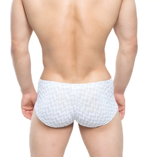 White swim trunks with subtle gray zigzag pattern from metromalewear senal trunk 2125-73 for casual beachwear