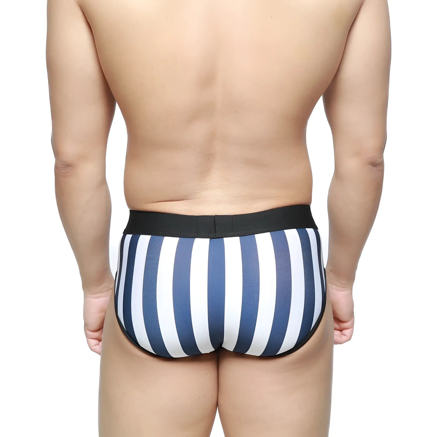 MetroMaleWear Sencillo brief with blue and white stripes and black elastic waistband for comfortable daily wear