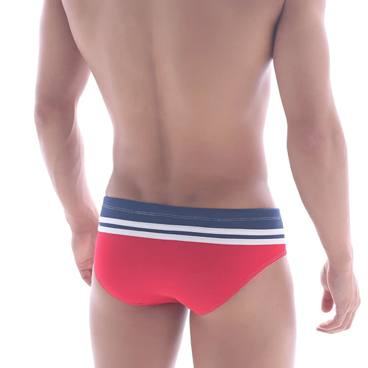 MetroMaleWear sergeant swim brief red with navy blue waistband and two white stripes for swimming and beachwear