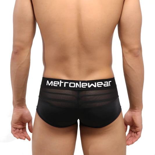 Black mesh briefs with solid black waistband featuring the metronewear logo from metroMalewear short boxer mesh black 2026-50