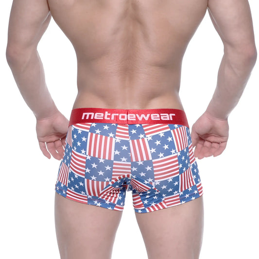 Men’s boxer briefs with american flag patchwork pattern and red metrowear waistband metroMalewear usa 7 inch