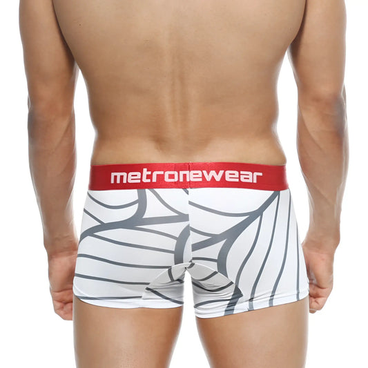 White boxer briefs with gray abstract leaf pattern and red metronewear waistband metro male wear short boxer web 7 2022-40