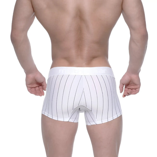 White boxer briefs with thin black vertical stripes and matching elastic waistband MetroMaleWear Short Boxer White Stripe