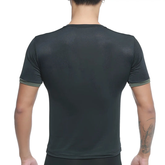 MetroMaleWear SIB tank top green 4127-26 black short-sleeved athletic shirt with textured pattern and olive green sleeve trim