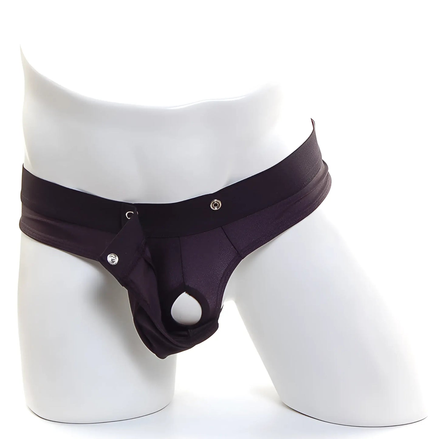 Metro male wear snap thong black with wide waistband and silver toned snap closures shown from the back side