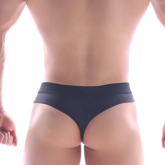Metro male wear snap thong black 2212-20 showing back side with smooth stretchy fabric waistband and form-fitting design