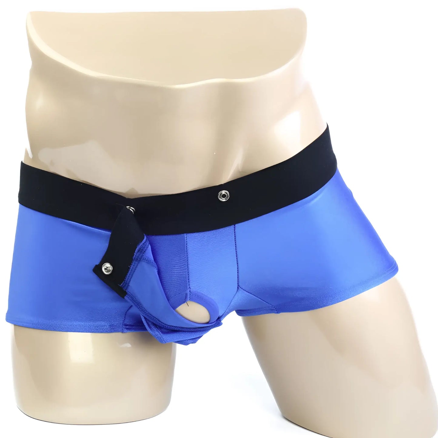Blue satin briefs with black elastic waistband and snap closures from metromalewear snap trunk royal 2223-18
