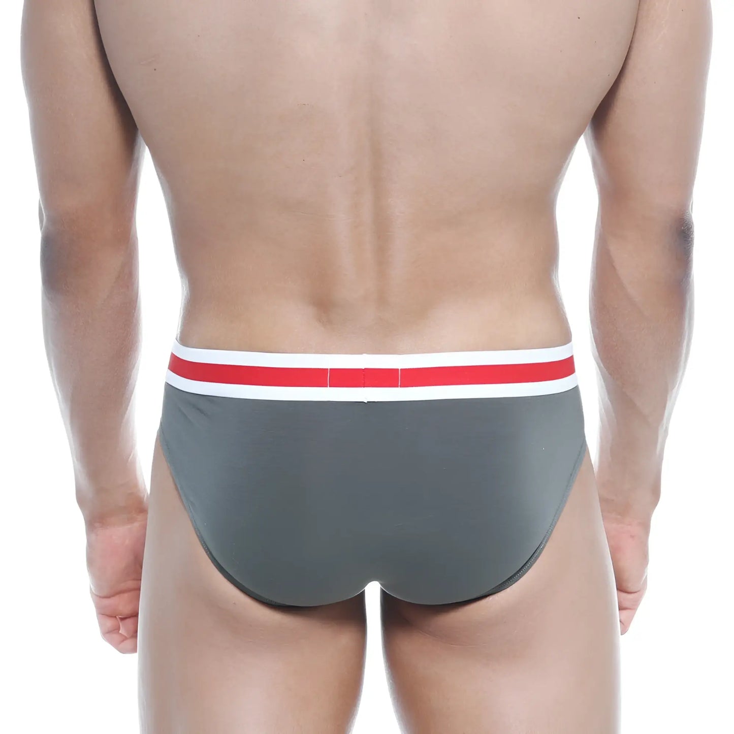 Gray briefs with a red and white striped waistband from MetroMaleWear Spartacus brief green 3804-26 collection