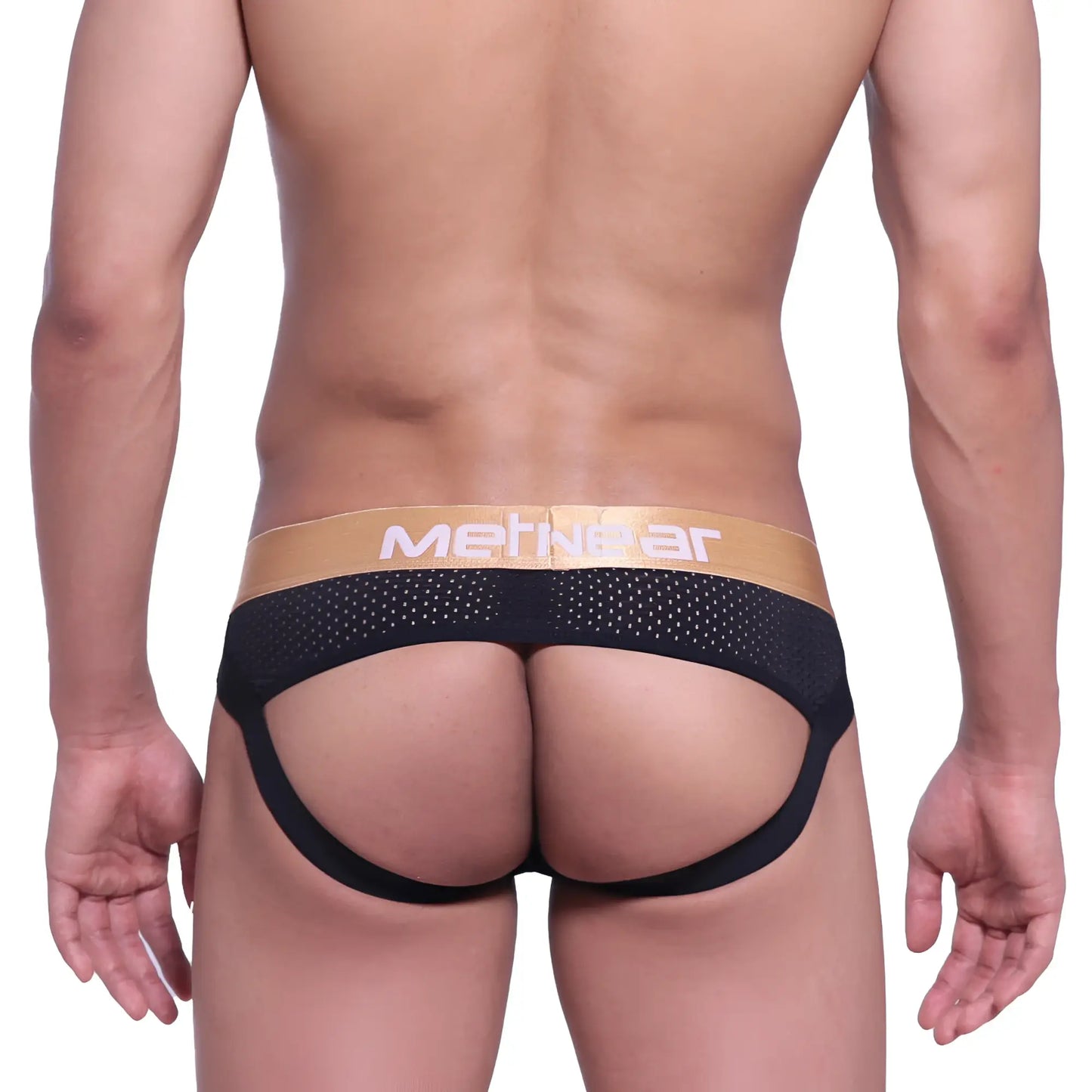 Black mesh briefs with gold metnwear logo waistband from metromalewear speed jock strap black 2301-20