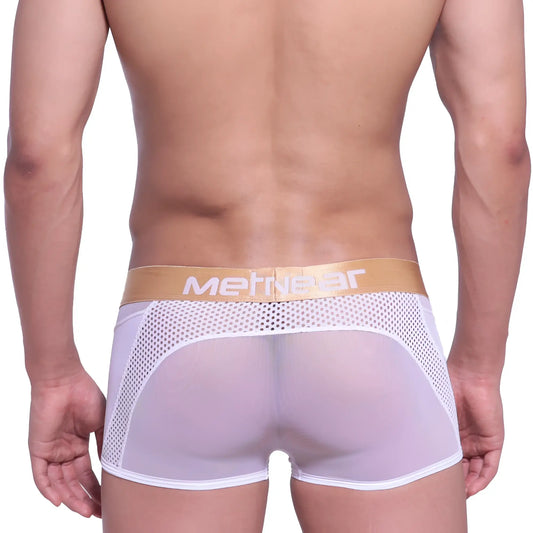 White mesh briefs with gold metgear logo waistband from metromalewear speed mesh hip trunk white 2314-00