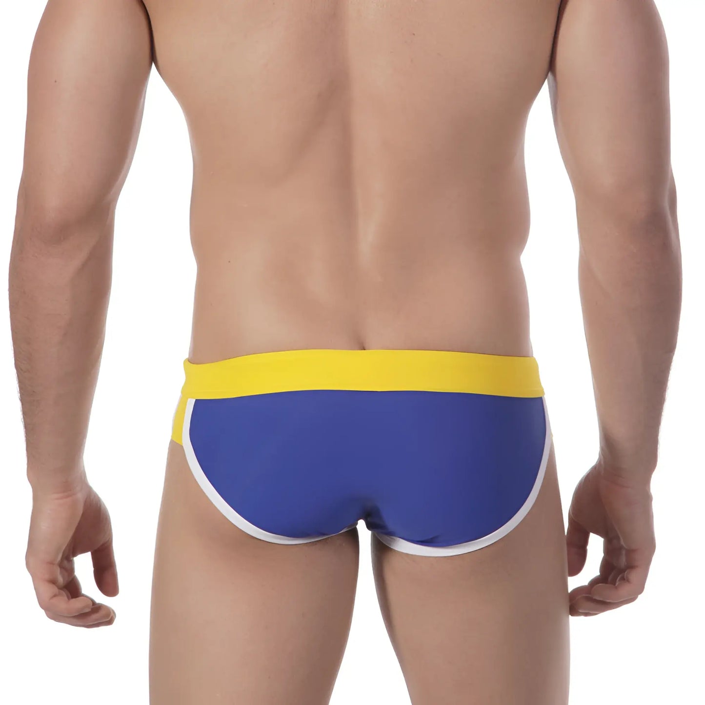 MetroMalewear split swim brief royal 4923-18 blue and yellow trunks with white trim for swimming and beachwear