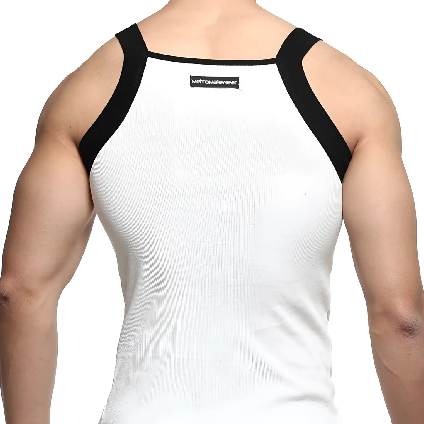 White ribbed square cut tank top with black shoulder straps and metromalewear label on the back side