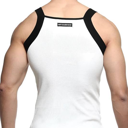 White ribbed square cut tank top with black shoulder straps and metromalewear label on the back side